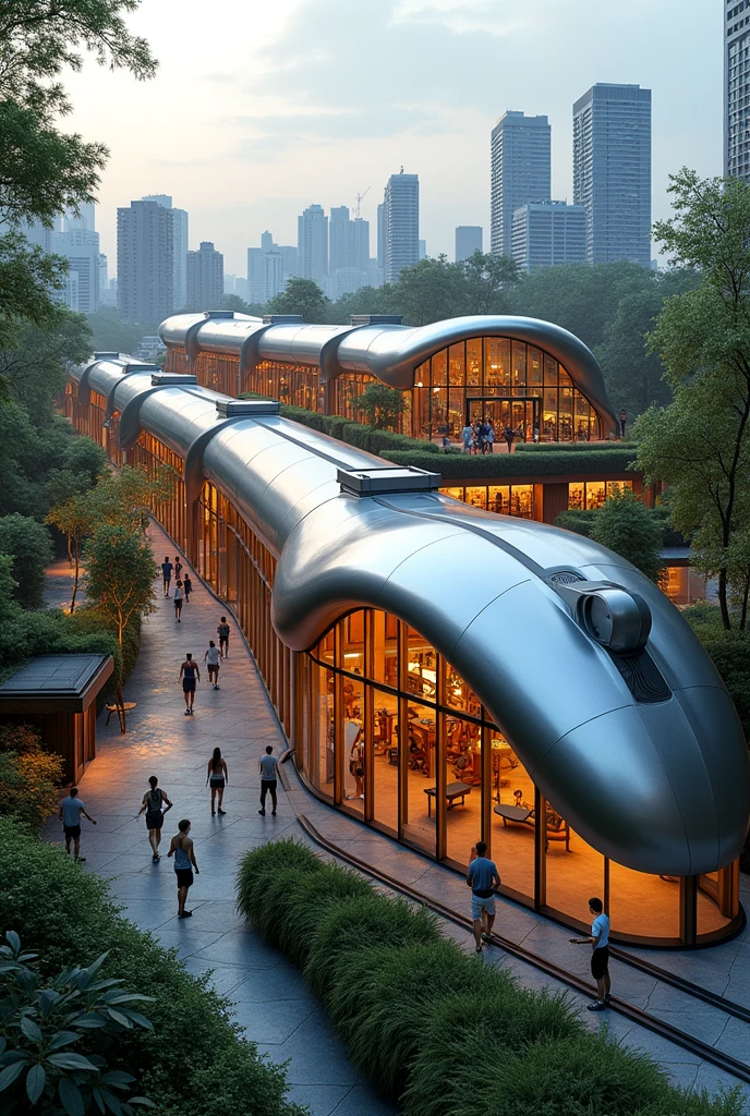 Creative building design for a gym based on a train and a dumbbell 
