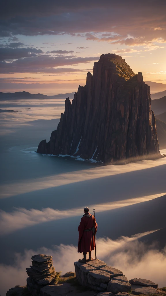 Create a cinematic-quality image with advanced levels of detail, depicting Moses standing alone at the top of a majestic mountain. The scene should be set at twilight, with the sky painted in deep purples and oranges as the sun sets in the distance. Moses, clad in traditional robes and holding his iconic staff, stands at the edge of a rocky cliff, overlooking a vast, barren landscape below. His figure is illuminated by the fading sunlight, casting long shadows across the rugged terrain.
The mountain itself is imposing, with jagged rocks and steep cliffs, symbolizing the solitude and gravity of Moses’ position. The wind gently tugs at his robes and beard, adding a sense of movement and isolation. The atmosphere is one of contemplation and reverence, with intricate details in the texture of the rocks, the folds of Moses' clothing, and the distant horizon. The overall mood should evoke a sense of solitude, reflection, and the weight of leadership, capturing the solemn moment of Moses on the mountaintop.