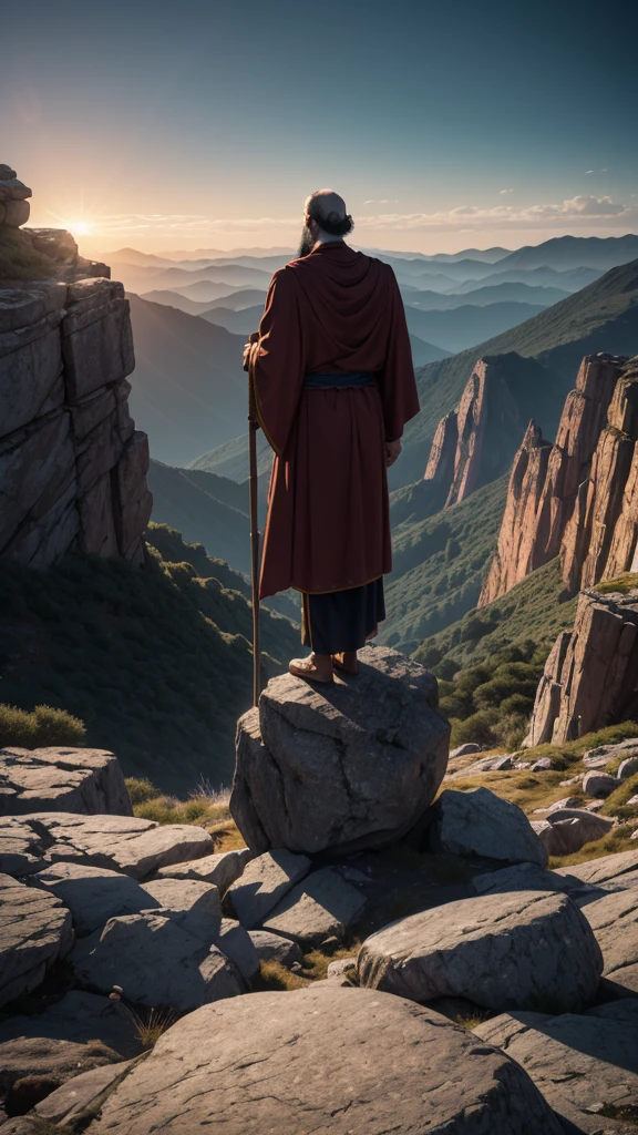 Create a cinematic-quality image with advanced levels of detail, depicting Moses standing alone at the top of a majestic mountain. The scene should be set at twilight, with the sky painted in deep purples and oranges as the sun sets in the distance. Moses, clad in traditional robes and holding his iconic staff, stands at the edge of a rocky cliff, overlooking a vast, barren landscape below. His figure is illuminated by the fading sunlight, casting long shadows across the rugged terrain.

The mountain itself is imposing, with jagged rocks and steep cliffs, symbolizing the solitude and gravity of Moses’ position. The wind gently tugs at his robes and beard, adding a sense of movement and isolation. The atmosphere is one of contemplation and reverence, with intricate details in the texture of the rocks, the folds of Moses' clothing, and the distant horizon. The overall mood should evoke a sense of solitude, reflection, and the weight of leadership, capturing the solemn moment of Moses on the mountaintop.