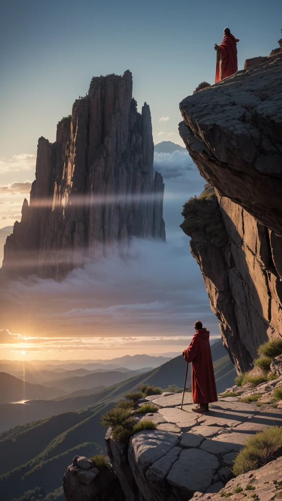 Create a cinematic-quality image with advanced levels of detail, depicting Moses standing alone at the top of a majestic mountain. The scene should be set at twilight, with the sky painted in deep purples and oranges as the sun sets in the distance. Moses, clad in traditional robes and holding his iconic staff, stands at the edge of a rocky cliff, overlooking a vast, barren landscape below. His figure is illuminated by the fading sunlight, casting long shadows across the rugged terrain.
The mountain itself is imposing, with jagged rocks and steep cliffs, symbolizing the solitude and gravity of Moses’ position. The wind gently tugs at his robes and beard, adding a sense of movement and isolation. The atmosphere is one of contemplation and reverence, with intricate details in the texture of the rocks, the folds of Moses' clothing, and the distant horizon. The overall mood should evoke a sense of solitude, reflection, and the weight of leadership, capturing the solemn moment of Moses on the mountaintop.