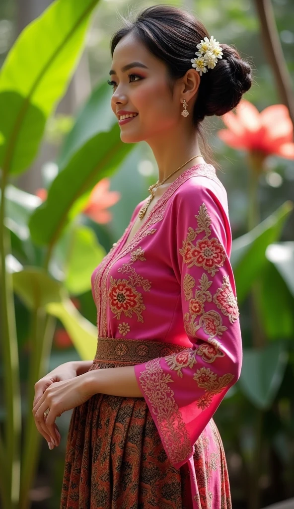 Indonesian woman wearing a pink kebaya and a batik skirt, Updo hairstyle with flowers