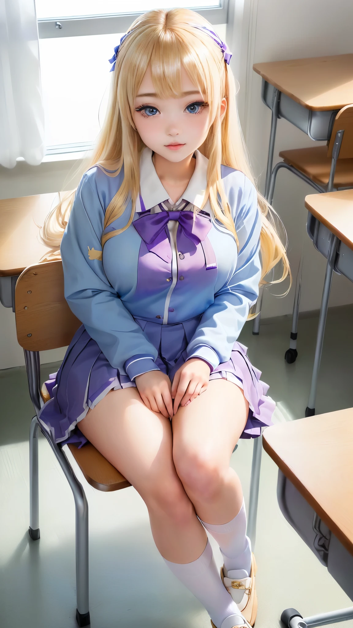 spread legs、show white panties、sexly,((Full body portrait))、(((very beautiful blonde teenager)))、 ((sitting on a chair in the classroom))、 (((blonde)))、 ((Shiny Hair、stick out one ear、Medium Long Hair))、(blue eyes)、((idols wearing Nogizaka uniforms))、blazer、Neck ribbon、Checked mini skirt、Brown Loafers、(Big eyes、A blonde girl sitting on a chair wearing very beautiful and understated makeup., a hyper現実的なhigh school girl, かわいいhigh school girl, hyper現実的なhigh school girl, 現実的なhigh school girl, beautiful anime high high school girl, Japanese School Uniform, wearing Japanese School Uniform, high school girlの格好をした, Japanese Uniform, Magic school uniform, Wearing uniform, Wear a uniform, high school girl