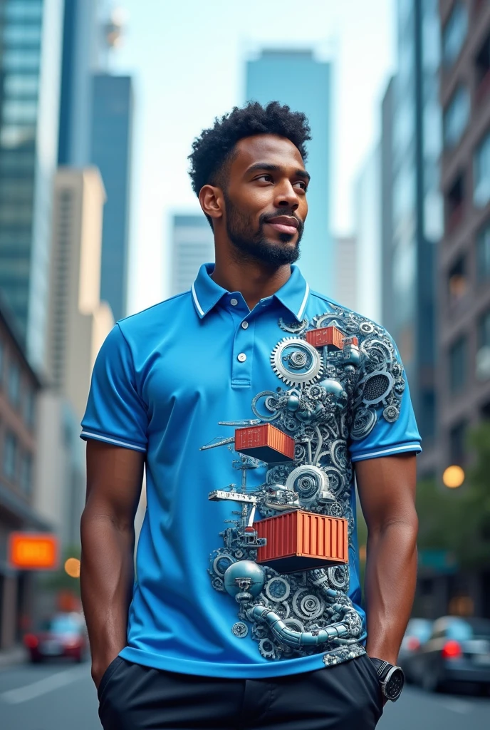 A blue and white collared sports shirt with images of gears, buildings, robots, shipping, and rubber processing on the right side.