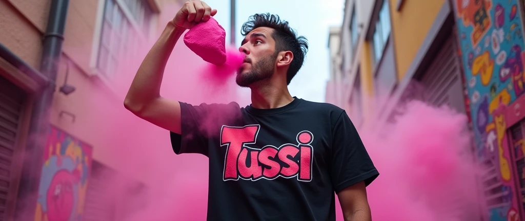 Steve inhaling pink powder, and on his shirt that says the word Tussi