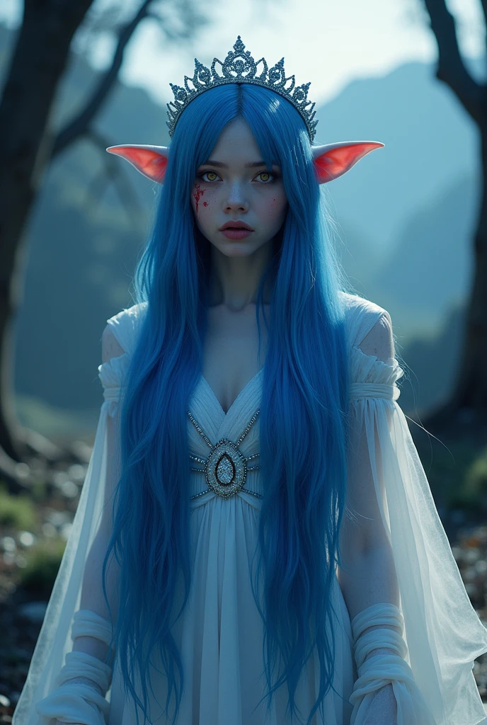 a woman with blue skin and yellow eyes, straight, dark blue hair, his finned ears, a princess tiara, a blue pendant necklace, white translucent clothing, frightened eyes and a face smeared with blood