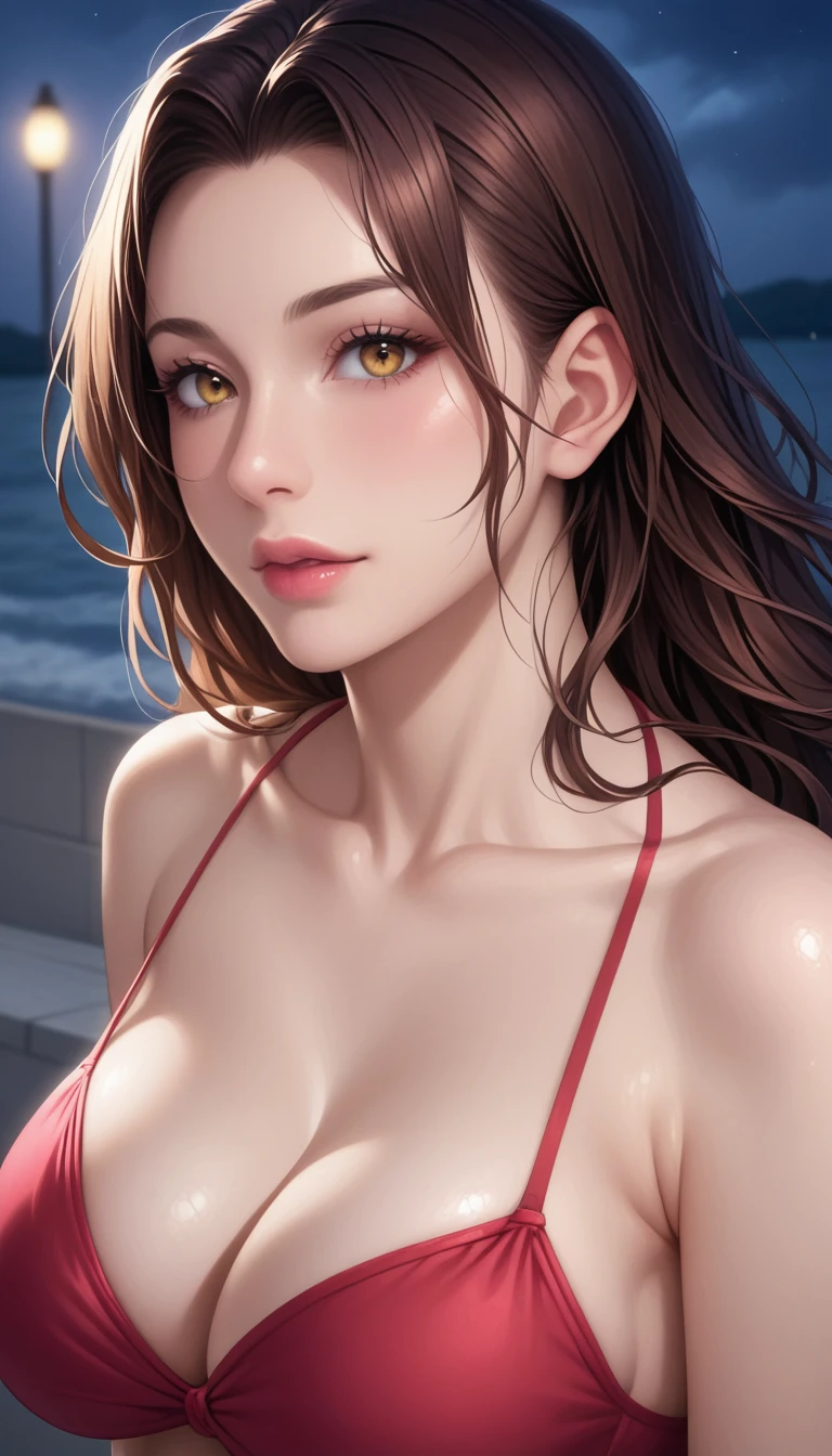 score_9, score_8_superior, score_7_superior, High-resolution CG illustration,A masterpiece in 32K resolution,Highest quality,it is really amazing,Very detailed,Ultra-high resolution,Ultra-realistic,Realistic,Increased depth of field,Cinematic lighting,
Sexy mature Japan woman,
Straight long hair with brown hair,Showing his forehead,god々Beautiful,Ultra-detailed and beautiful face,Calm and gentle look,Beautiful dark brown moist eyes,Glowing, moisturized skin,Translucent white skin,born々New skin texture,Great proportions,
Elegant red swimsuit,
Simple design,Chic color scheme based on red,詳細なborn地の質感,
(Dark and blurry background:1.1),Dark overcast sky on a dull night,Dark clouds filling the sky,Thundercloud,Coastline at night,Stormy seas,delay々A desolate sandy beach that continues,
(Beautiful cleavage:1.1),(High angle:1.1),