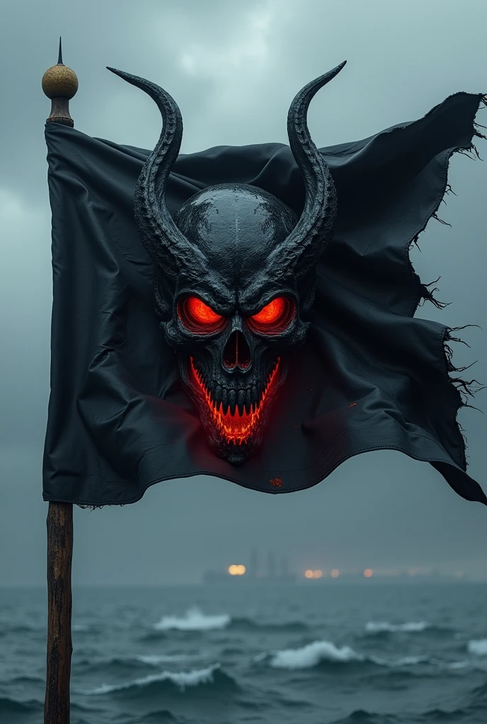 a completely black pirate flag, red details on the skull sculpture of a smoulg, pulling towards a black in the eyes and fiery mouth
