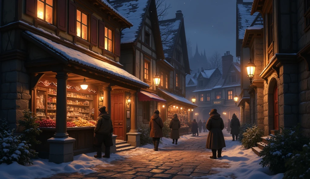 Anime style, a medieval fantasy RPG town, snowfall, stone buildings, many people, bar, detailed architecture, cobblestone streets, medieval market, lanterns, warm lighting, renaissance era, ornate details, intricate designs, atmospheric fog, moody lighting, cinematic composition, dramatic lighting, photorealistic, 8k, high quality, highly detailed