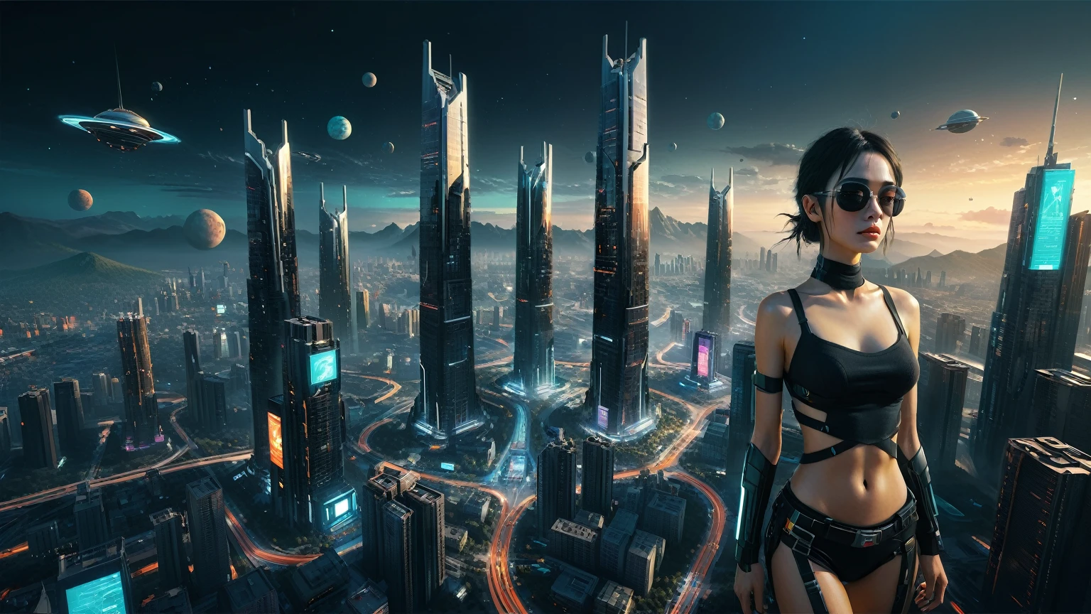 Brightly colored abstract aerial view image of a futuristic city, futuristic flying cars, epic beautiful space sci-fi, chaotic cinematic space rift, Greg Beeple, planets colliding, Beeple and Tim Hildebrandt, Beeple and Jean Giraud, end of the universe, galaxy space sci-fi, ringworld, by Mike "Beeple" Winkelmann. Matrix style, Matrix cascading code, a futuristic twin tower skyscraper with a unique twisted design, (OLED GUI interfaces in the building), at night, (1girl, solo), photo realistic, large-breast:1.2 body, cleavage, off broken mini sling-shirt and black sling bra, miniskirt, (matrix style black micro sunglasses), (holding a short gun), very low view, half-body thigh level medium shot, cinematic lighting, ray tracing.