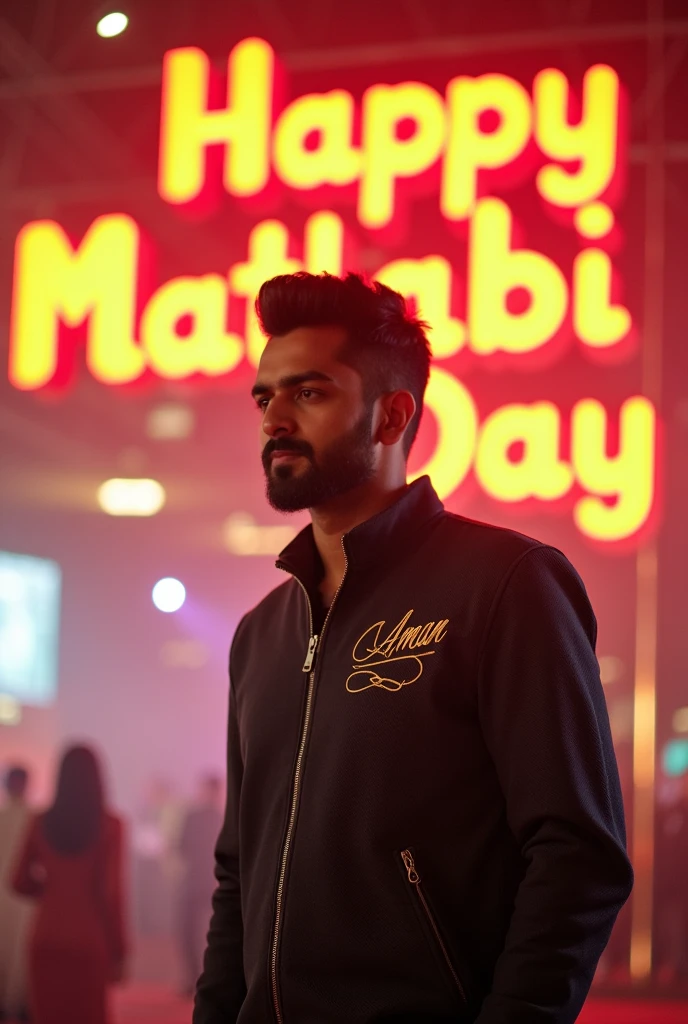 A Man standing to the side, wearing a jacket with the name 'Aman' written on it. In the background, there’s a large board with the words 'Happy Matlabi Day' clearly written in bold, sharp letters. The text is easy to read and stands out against the background, creating a striking 3D effect