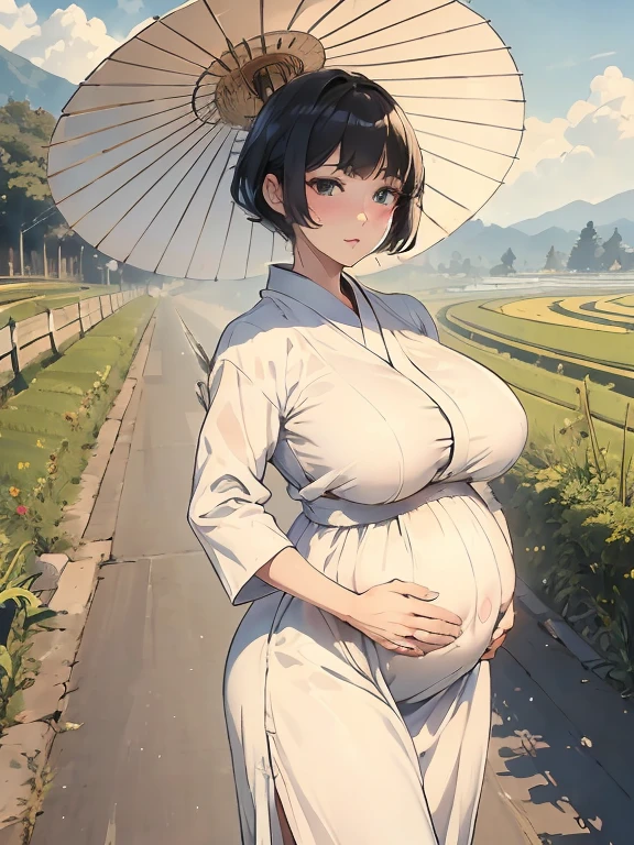 masterpiece, best quality, Very detailed, Best shadow, Facial details are exquisite, High contrast,Modern Japan、a beautiful 40-year-old pregnant woman in a white button-down dress. strolling along a Japanese country road,Surrounded by rice paddies. parasol. Large Breasts. Big Ass. Breast sagging. Black short hair. it's clear. buzzer. Sweat. a beige bra is faintly visible.
