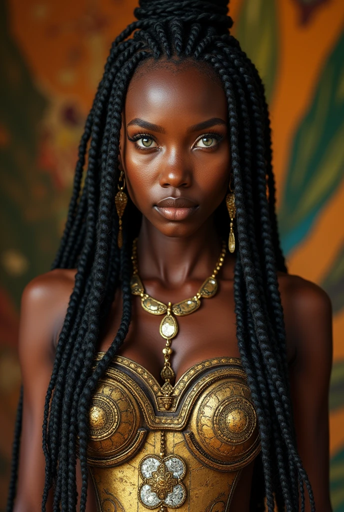 full body image of a ((Nubian1.5)) Queen of Nubia, ((light green hazel eyes:1.5)), woman from Cush, Cushite-Nubian warrior, beautiful ((black female:1.2)), dark-skin woman, realistic skin:1.2, freckles, (finely detailed skin textures:1.2), skin pores visible, perfect cinematic lighting, very small and  skin blemishes and imperfections, black hair, box braided hair, box braid, Graceful Midnight Angel of God, beautiful d&d character portrait, colorful fantasy, detailed, realistic face, realistic photo, intricate armor, fiverr dnd character, Afrocentric, stanley artgerm lau, ilya kuvshinov, artstation, hd, octane render, hyperrealism, unreal engine, attention to detail, Hyper-detailed, insane details, Beautifully color graded, Unreal Engine, DOF, Super-Resolution,Megapixel, Cinematic Lightning, Anti-Aliasing, FKAA, TXAA, RTX,SSAO,Post Processing, Post Production, Tone Mapping, CGI, VFX, SFX, Insanely detailed and intricate , Hyper maximalist, Hyper realistic, Volumetric, Photorealistic, ultra photoreal, ultra- detailed, intricate details,8K, Super detailed , Full color, Volumetric lightning, HDR, Realistic, Unreal Engine, 16K, Sharp focus. Octane render
