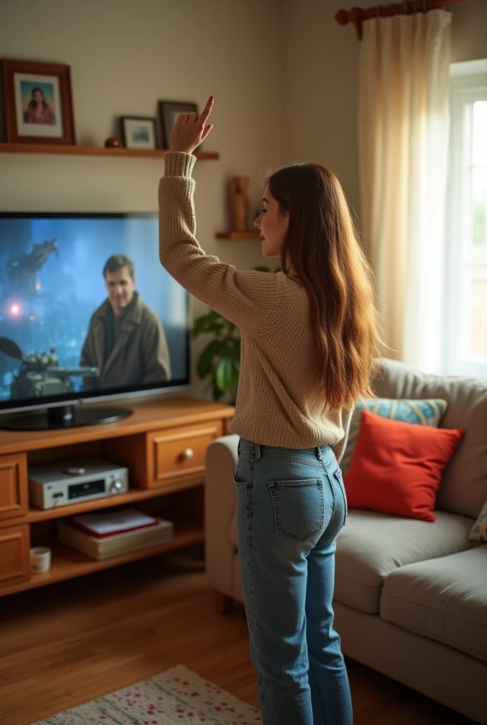 Create a photo of someone saluting a TV in a regular house, replace the background to look like a regular house. 