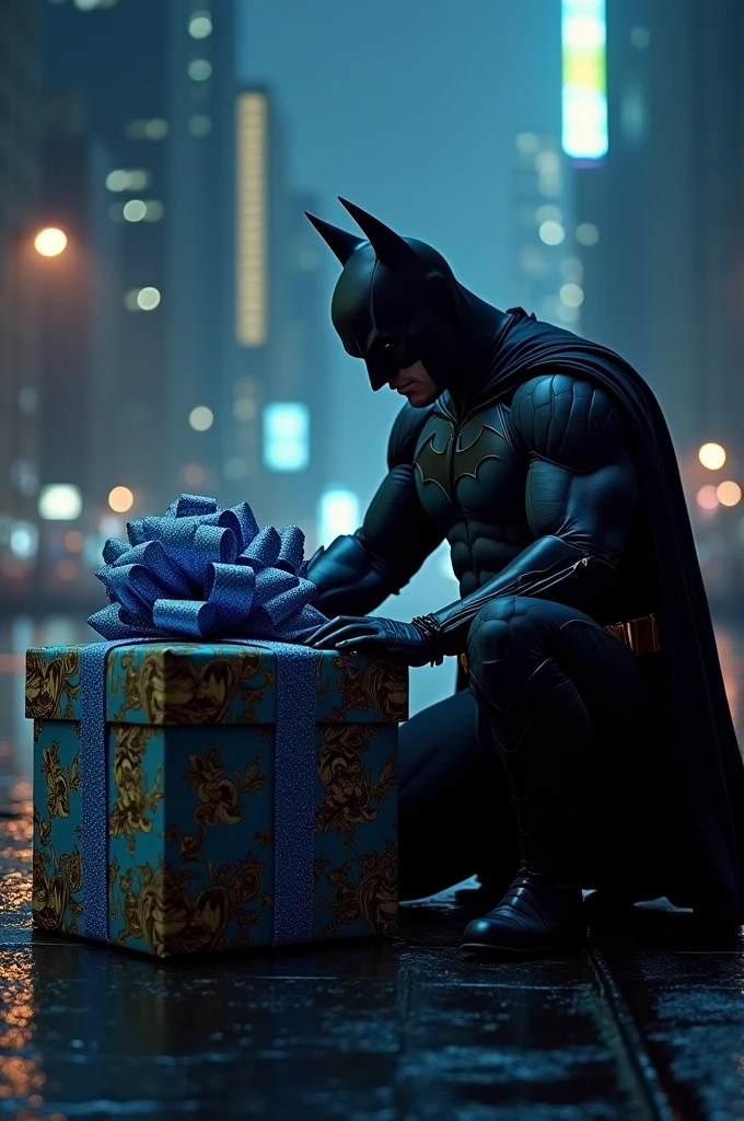 Batman opening a present