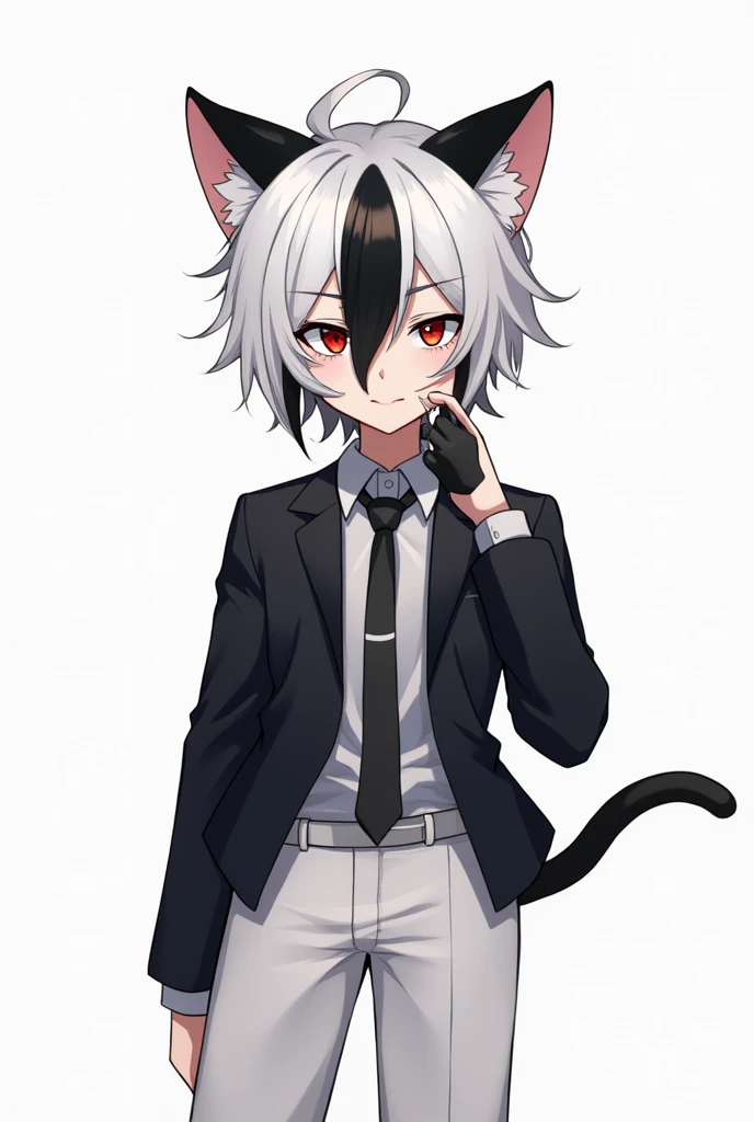 Furry and anime style, A man with cat ears wearing white pants, a sinister smile on his face, white and black hair, and student clothes., no back ground