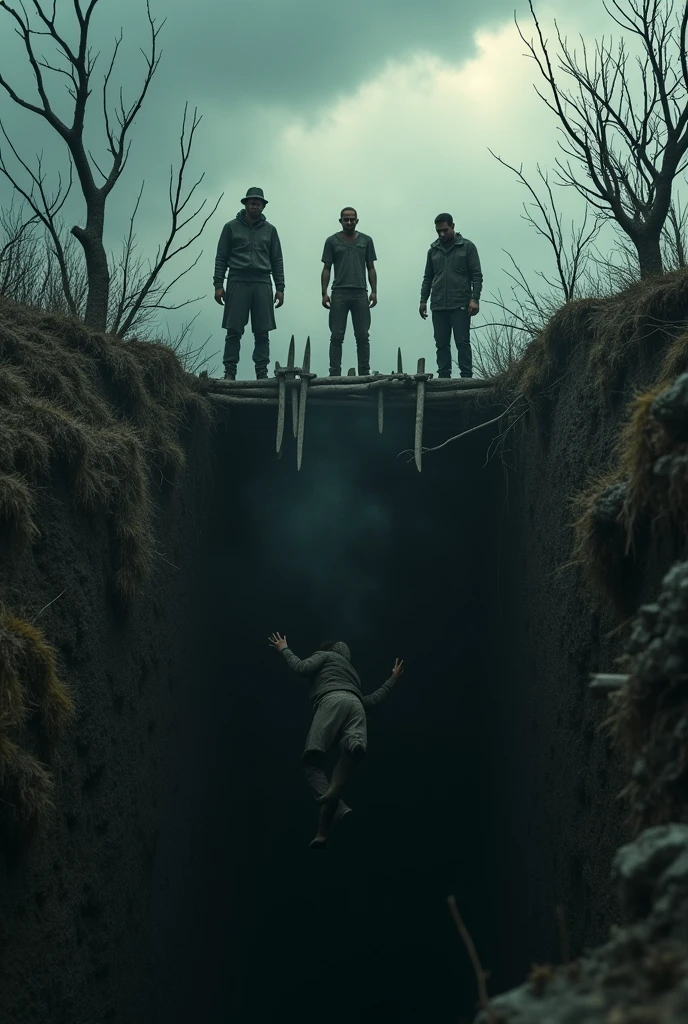 3 people watching me as I fall into a pit with wooden spikes at the bottom