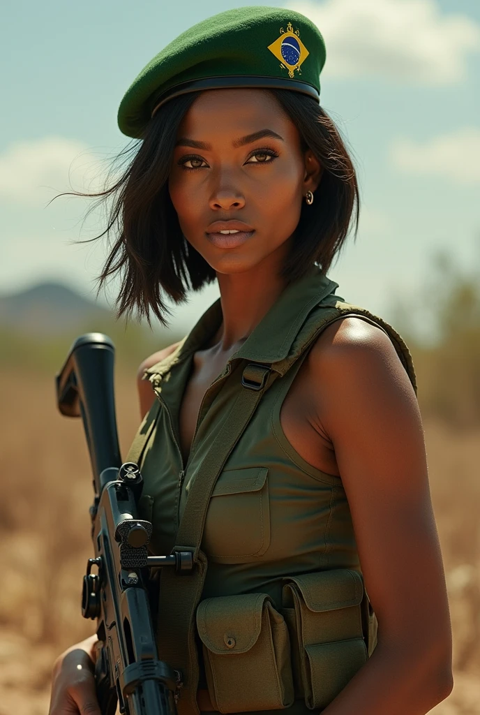 Nari stands tall, her imposing figure exuding a sense of authority, danger and experience, she is 41-years-old but her appearance reminds of a woman in her 25s. Her spiky bob cut-styled brown hair is cropped to her head, with sharp, cold brown eyes peering out from beneath her green beret whit a Brazil flag on it, and show she is a marshal. At 7'1 inches tall, she towers over most people, her advantaged breasts and butt whit a muscular frame indicative of her military training. Her almond skin glows in the sun, betraying her time spent outdoors despite her cold demeanor. Her sharp white teeth contrast with her body and clothes, she is a protective, flirty and killer woman whit a permanent cold smile on her.