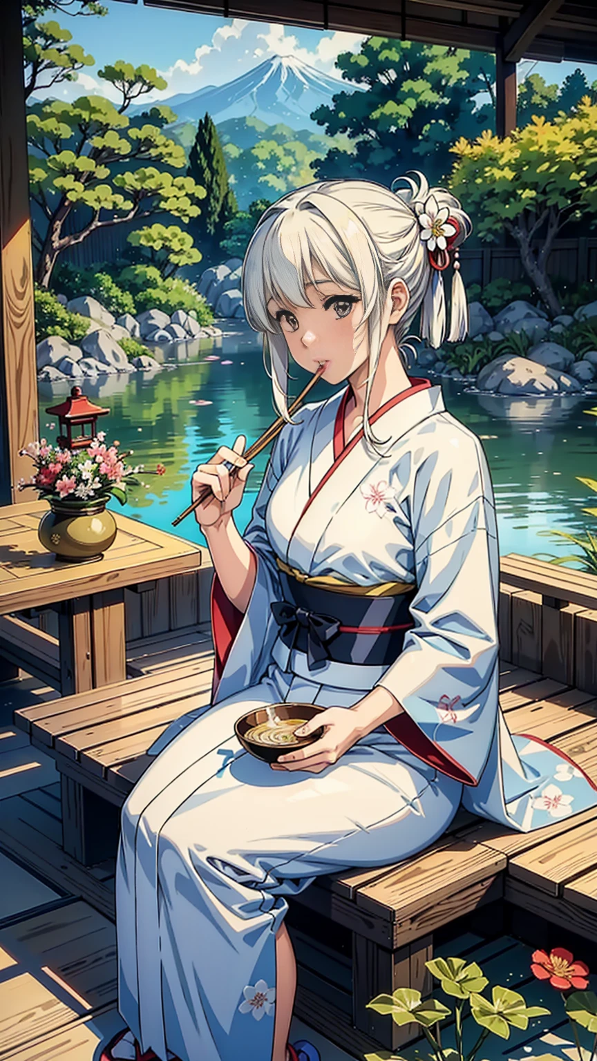 a woman wearing a yukata (traditional Japanese summer kimono) and eating somen noodles. The woman is seated on a traditional Japanese veranda (engawa), holding a very small, delicate bowl with chopsticks, dipping the noodles into an even smaller dipping sauce bowl. A larger bowl filled with somen noodles is placed on the floor beside her. The scene is peaceful and serene, with a beautiful Japanese garden in the background, featuring lush greenery, flowers, and a calm pond. The overall atmosphere reflects a tranquil summer day in Japan.
コピーする