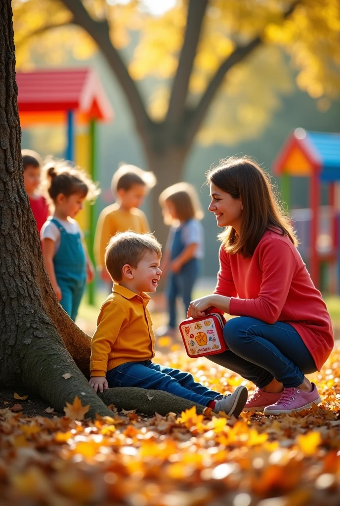genera: A child in kindergarten crying after falling onto a tree root , and some children watching him and a teacher taking care of him