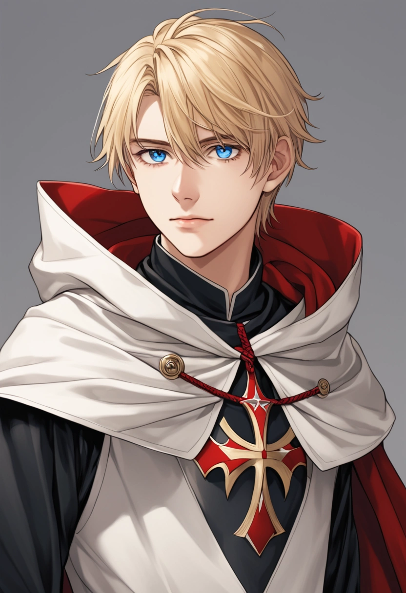 a 20 year old young man with blond hair, blue eyes and wearing the Templar cloak