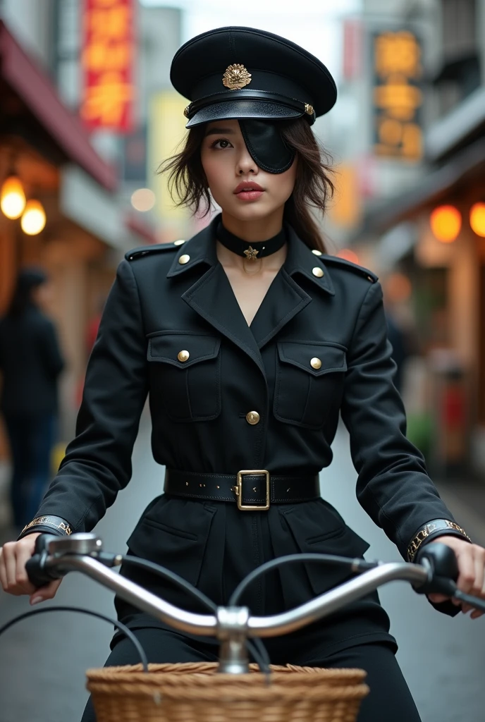 (An eye patch made of black leather on one eye:1.9), A young and very beautiful woman in a black sexy tight military uniform. Very detailed顔の特徴, Thick lips, Beautiful Eyes, Perfect Skin, Ideal body type, military cap, Riding a bicycle with a basket:1.7, Captivating look, In a typical Japanese shopping street, Realistic, 8k, Very detailed, Cinema Lighting, Dramatic Shadows, Cold Tones, 