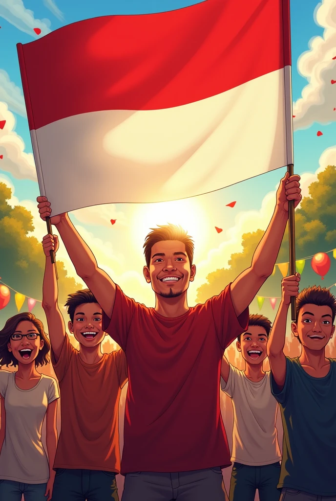 An inspiring illustration celebrating the Independence Day of the Republic of Indonesia. The scene shows a diverse group of people proudly holding and waving the Indonesian flag, with expressions full of passion and determination. Five people stand facing forward, directly engaging the viewer, embodying the spirit of unity and the enduring struggle for freedom. The composition emphasizes their faces, reflecting the pride and energy of a nation united in celebration."