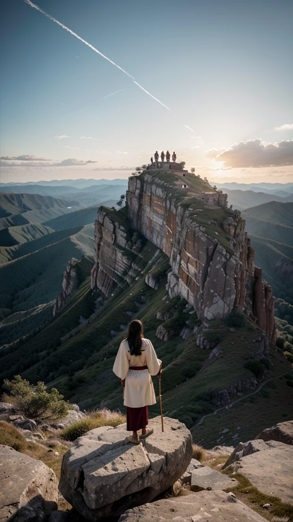 Create a cinematic-quality image with advanced levels of detail, depicting Moses standing alone at the top of a majestic mountain. The scene should be set at twilight, with the sky painted in deep purples and oranges as the sun sets in the distance. Moses, clad in traditional robes and holding his iconic staff, stands at the edge of a rocky cliff, overlooking a vast, barren landscape below. His figure is illuminated by the fading sunlight, casting long shadows across the rugged terrain.
The mountain itself is imposing, with jagged rocks and steep cliffs, symbolizing the solitude and gravity of Moses’ position. The wind gently tugs at his robes and beard, adding a sense of movement and isolation. The atmosphere is one of contemplation and reverence, with intricate details in the texture of the rocks, the folds of Moses' clothing, and the distant horizon. The overall mood should evoke a sense of solitude, reflection, and the weight of leadership, capturing the solemn moment of Moses on the mountaintop.