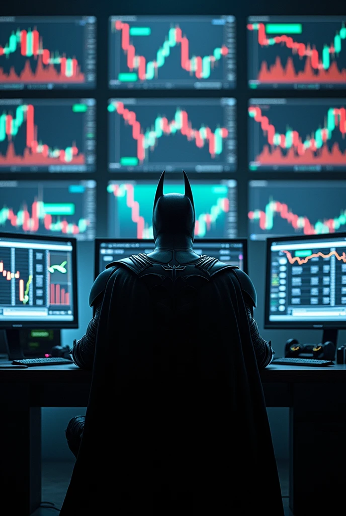 Create a realistic image and place Batman from the Arkham Knight game sitting in front of several giant, modern monitors that are in the Batcave.. Place on the screen of these monitors candles from the financial market along with Weiss Wave volume indicators on very large screens