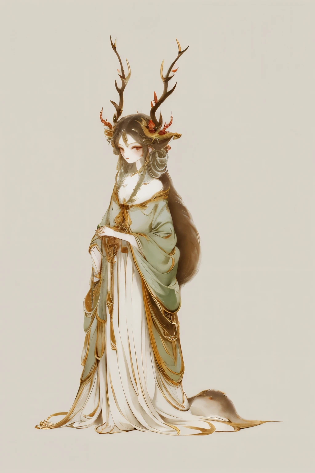 1 girl，Deer God，antlers，Character Conception，Full body painting，Game costume design，Forest magic，simple blank background，Facing the camera，Ultra-clear，Ultra-fine image quality，masterpiece，Full body painting，Super Detail，HD
