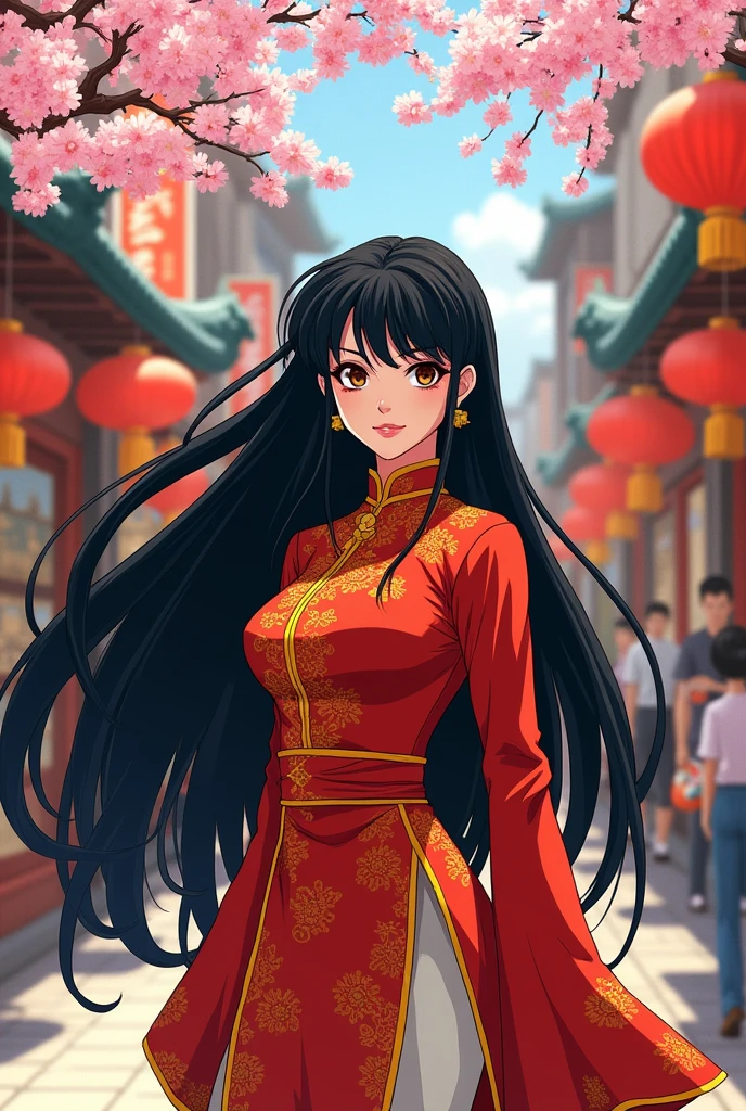 Ranma 1/2 90s comics
Una mujer de Long hair color negro, dark brown eyes, Long hair, that she is wearing Chinese clothes, White skin