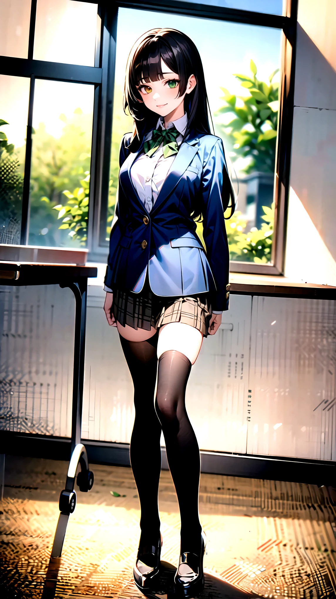 （（super high quality,Ultra-high resolution,4K,8k,super masterpiece,Ultra HD ,Detailed shading））,Full body photo,Morning Classroom,One high school girl,a green blazer with blue,White dress shirt unbuttoned to the second button,A yellow striped bow tie,Brown plaid mini skirt,Black tights,Long black straight hair,Side-swept bangs,Orange and green heterochromia,Sharp eyes with raised,smile,