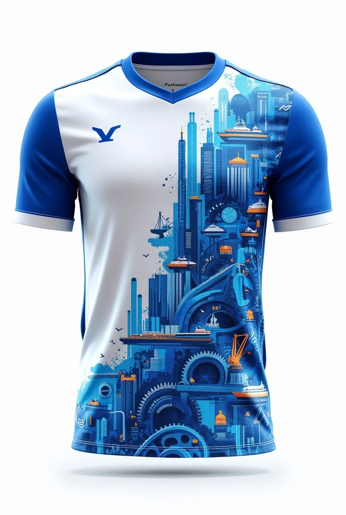 A blue and white collar sports jersey with images of gears, buildings, robots, maritime transport, and rubber processing on the right side.