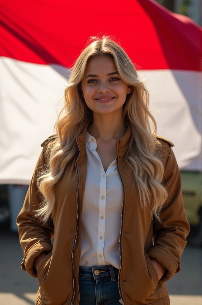27 years old jewish woman, full weight body, long blonde hair, short neck, straight front pose, half body portrait, outdoor outfit jacket, in front of Indonesia flag