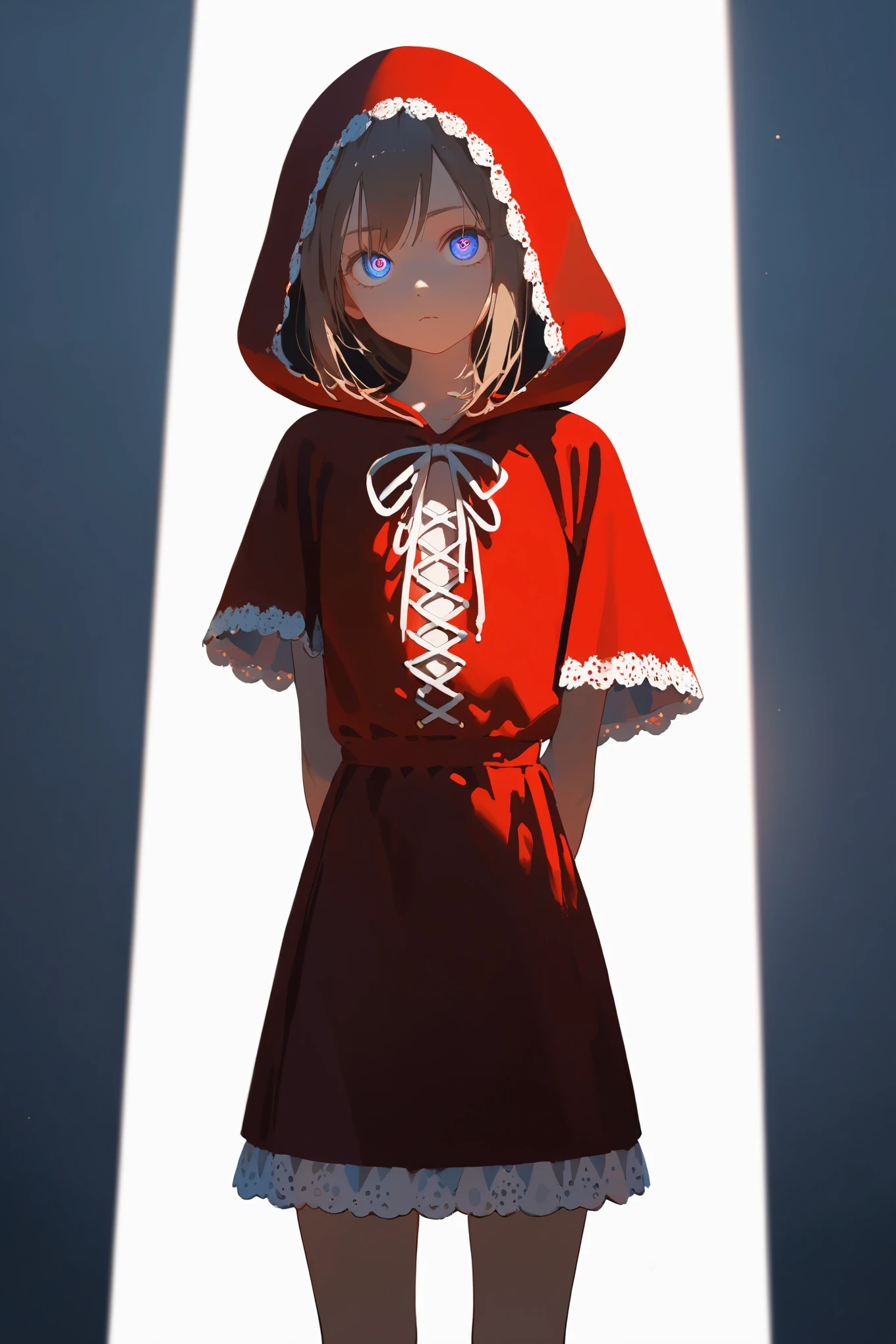 (Masterpiece:0.9), best quality, (illustration, very aesthetic:0.95), (ultra detailed), 1girl, teen, 16 years, intricate details, solo, standing, slim, skinny, detailed eyes, looking at viewer, pouting, head tilted, (full body), arms behind back, Red Riding Hood, Tunic, (cinematic lighting, rim light), absurd, (white background:1.4), 