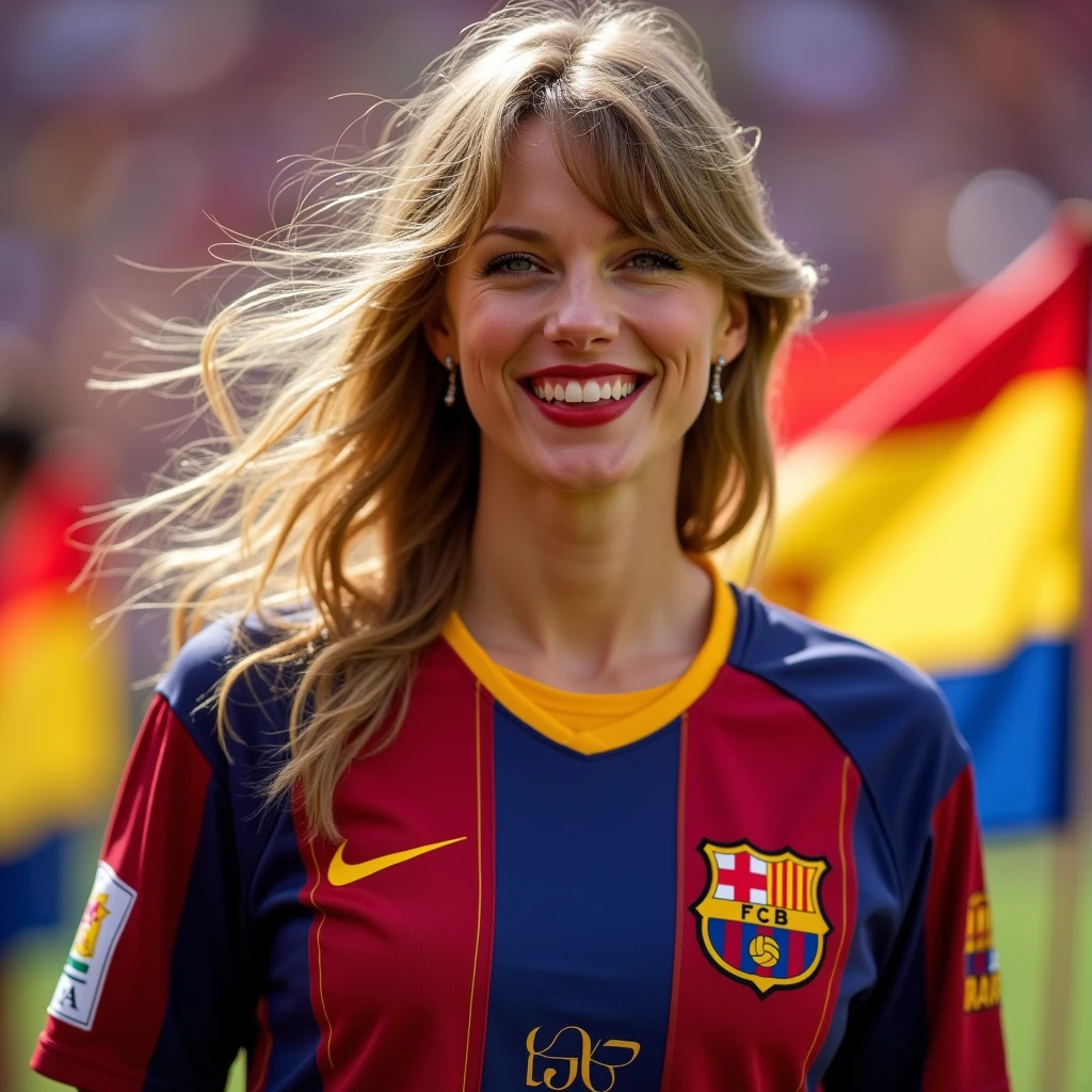 Taylor swift with the barcelona’s jersey with her red lip and her hair is loose and smiling with the catalunya flag