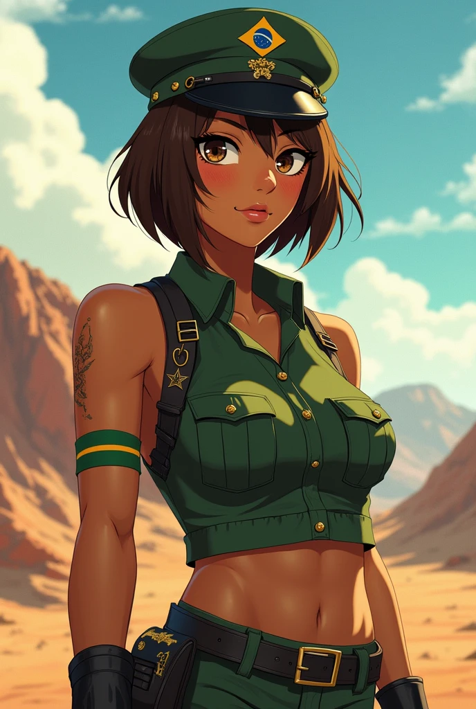 Nari stands tall, her imposing figure exuding a sense of authority, danger and experience, she is 41-years-old but her appearance reminds of a woman in her 25s. Her spiky bob cut-styled brown hair is cropped to her head, with sharp, cold brown eyes peering out from beneath her green beret whit a Brazil flag on it, and show she is a marshal. At 7'1 inches tall, she towers over most people, her advantaged breasts and butt whit a muscular frame indicative of her military training. Her almond skin glows in the sun, betraying her time spent outdoors despite her cold demeanor. Her sharp white teeth contrast with her body and clothes, she is a protective, flirty and killer woman whit a permanent cold smile on her.

Anime style