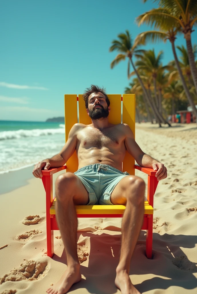 dad with a beard, wearing shorts, hypnotizing, sleepwalking, lifeguard (dad), eyes vacent,  sitting chair, legs extended, arms raised extended forward