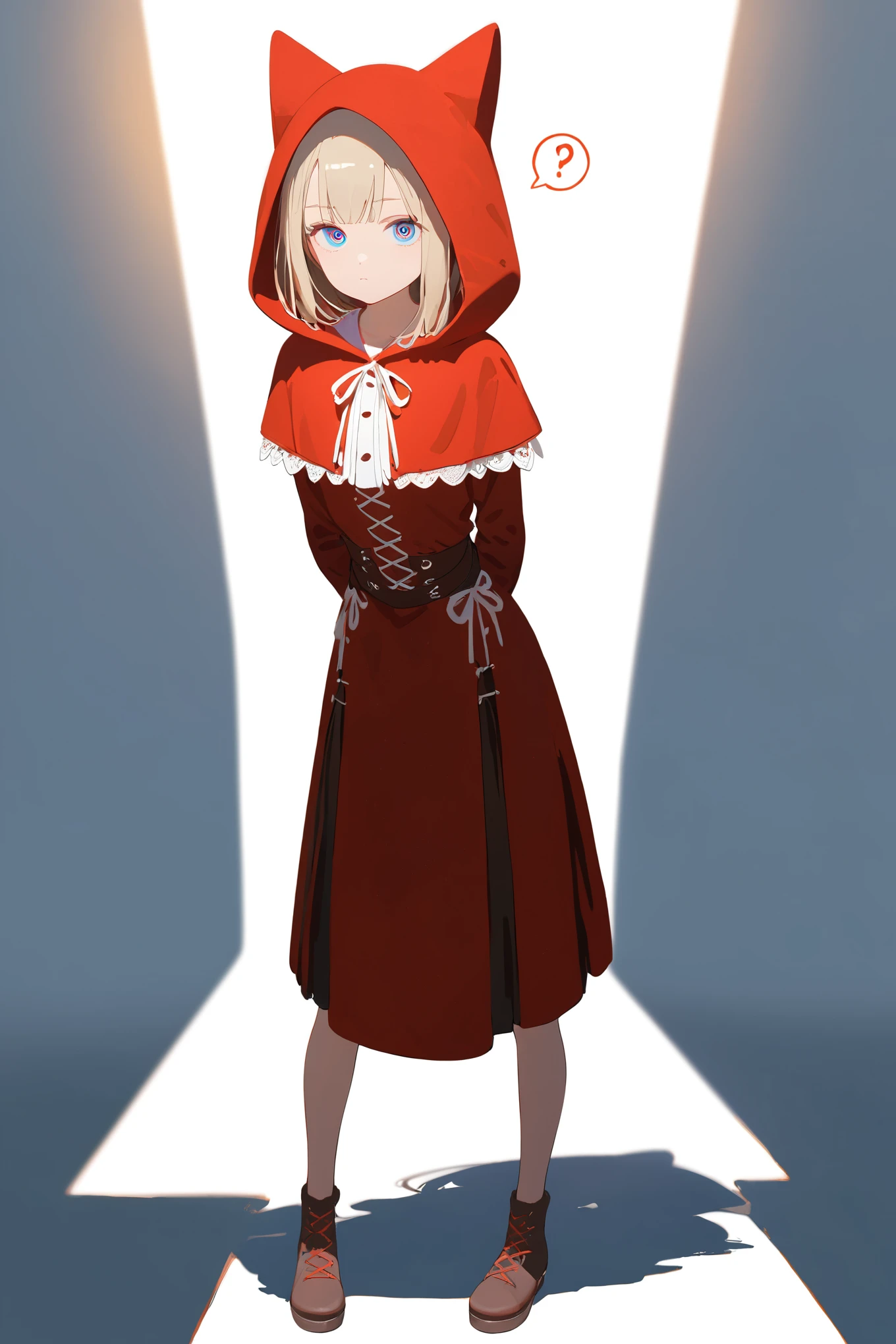 (Masterpiece:0.9), best quality, (illustration, very aesthetic:0.95), (ultra detailed), 1girl, , 16 ytricate details, solo, standing, slim, skinny, detailed eyes, looking at viewer, pouting, head tilted, (full body), arms behind back, Red Riding Hood, Tunic, (cinematic lighting, rim light), absurd, (white background:1.4),