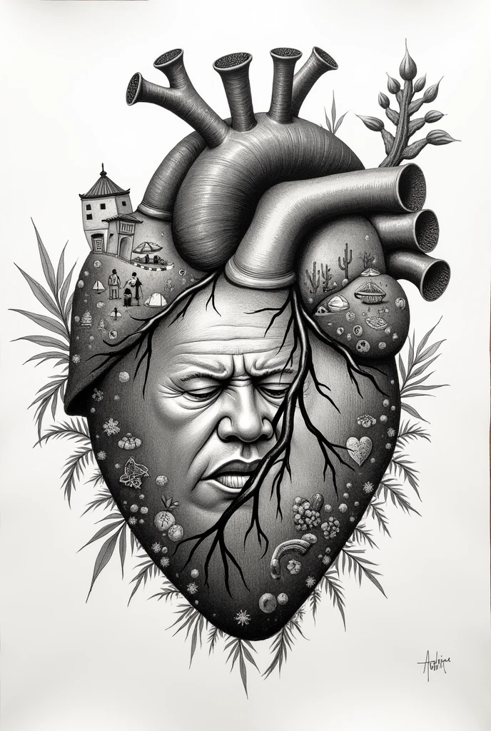 Description: A drawing in which Ariano Suassuna's heart is made of typical elements from the Northeast: colorful houses, cactus, folklore symbols, and characters from his works. The heart is centered in the chest of Arians, which is drawn in delicate and expressive lines. ao redor, scenes from his life and work connect to the heart, showing its deep connection with northeastern culture.
with a graphite drawing and draw ariano suassuna