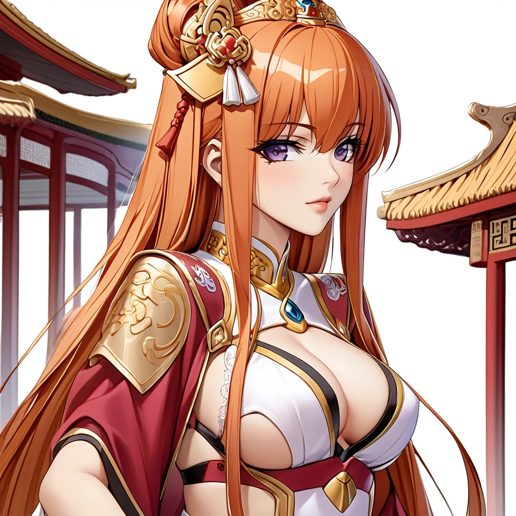 ((Highest quality)), ((masterpiece)), (detailed), （Perfect Face）、The woman is Maya Cordelia with orange semi-long hair, wearing a luxurious ancient Chinese court costume and her hair is styled in an ancient Chinese way with a luxurious hair ornament.