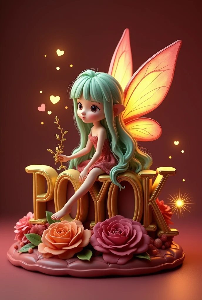 A peculiar fairy named Nora, who has light green hair and colorful wings. She sat gracefully atop the intricately designed 3D lettering 'POYOK' crafted in gold and maroon.. Surrounding her are floating hearts, and she holds a delicate golden wand. The background is a calming maroon color, and there's a beautiful rose at her feet. The entire scene is illuminated by tiny glowing orbs, adds a touch of magic.