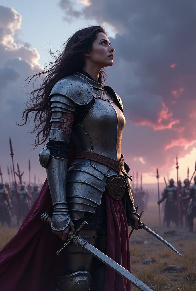 Create an image of a female knight who, after an intense battle, looks up at the cloudy sky, her body riddled with swords., Arrows and spears pierced through her.