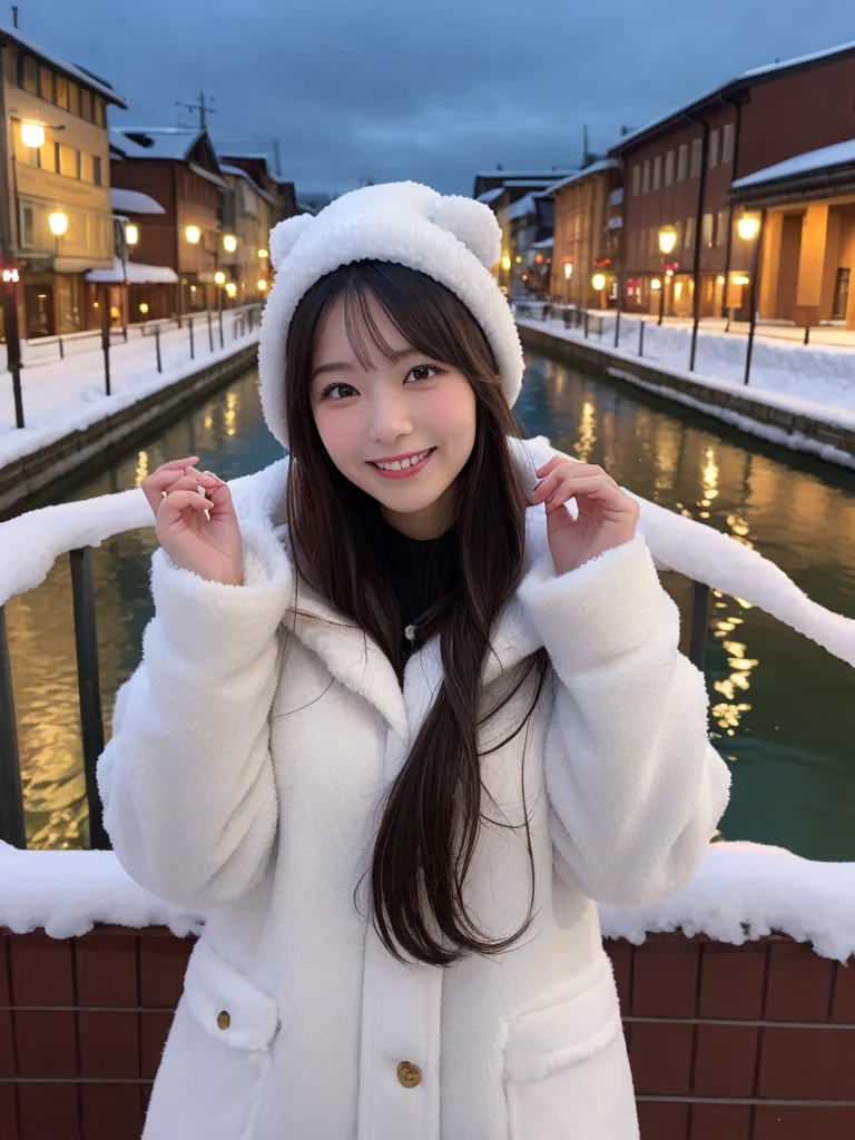 1girl, solo, highres, best_quality, masterpiece, detailed_background, intricate_details, beautiful, hokkaido, otaru, canal, snow, winter_clothes, peaceful, smile, looking_at_viewer, dynamic_pose, natural_pose, candid, happy