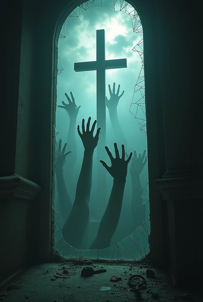real torture, better, master part, best qualityer, high qualiy, extremely detaild (frightful ), best qualityer, Cinematic lighting, sharp focus, photo-realistic, ultra-realistic, dark background, paranormal phenomena, incredible art, dark background, cloud, upside down cross, dark outline, hands coming out of the walls amid the broken mirrors, Sacred relics desecrated, Shrines taken over by evil, Paranormal phenomena, Reality distorts, time falls apart Chants of blasphemy resound, Where sacrilege never ceases, Portals are open to evil entities, From the depths of darkness, The smell of explosion spreads Prelude to torment, The full moon is witness To distorted reality, Paranormal phenomenon, dark background