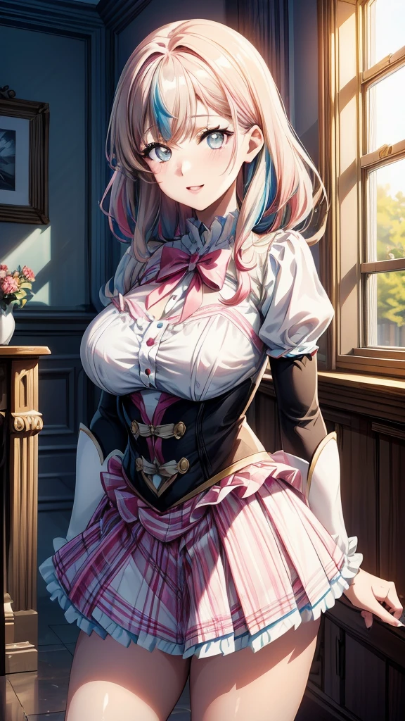 “(Best quality, masterpiece, ultra high definition, high resolution, HDR, Unity 8K wallpaper, beautiful details, depth, delicacy, vivid colors). A single girl in an anime style inspired by Epic Seven. She has beautifully detailed eyes, lips, and face, with long eyelashes. She wears a complex and revealing gal-style uniform with a mini skirt, featuring cute ribbon accessories. Her hair is multi-colored with striped, curly textures, blending rainbow hues with half white and half pink tones. The upper body is in focus, capturing her laughing expression. The image emphasizes her attractive, adorable appearance, with an erotically cute vibe. The girl’s hairstyle is distinct and different, adding uniqueness to her look. She has four fingers visible with a detailed thumb joint. The scene is rendered in ultra-high definition CG, ensuring every detail is vivid and sharp.”