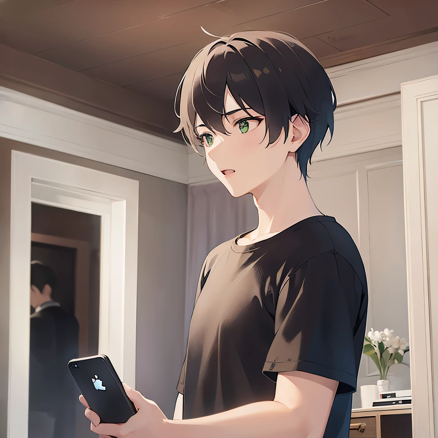 (25-year-old male:1.5) and (Brown short hair) and (Green Eyes), (looking away:1.5),upper body、Side shot、 Talking on the phone、(talking on the smartphone:1.5),(handling_smart_phone, smart_phone:1.2)、
shiny skin, (looking away:1.5)、masterpiece、Highest quality、
Black shirt
confused、open mouth,The background is the living room、(alone:1.5)