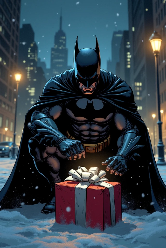 Batman holding and opening a present 
