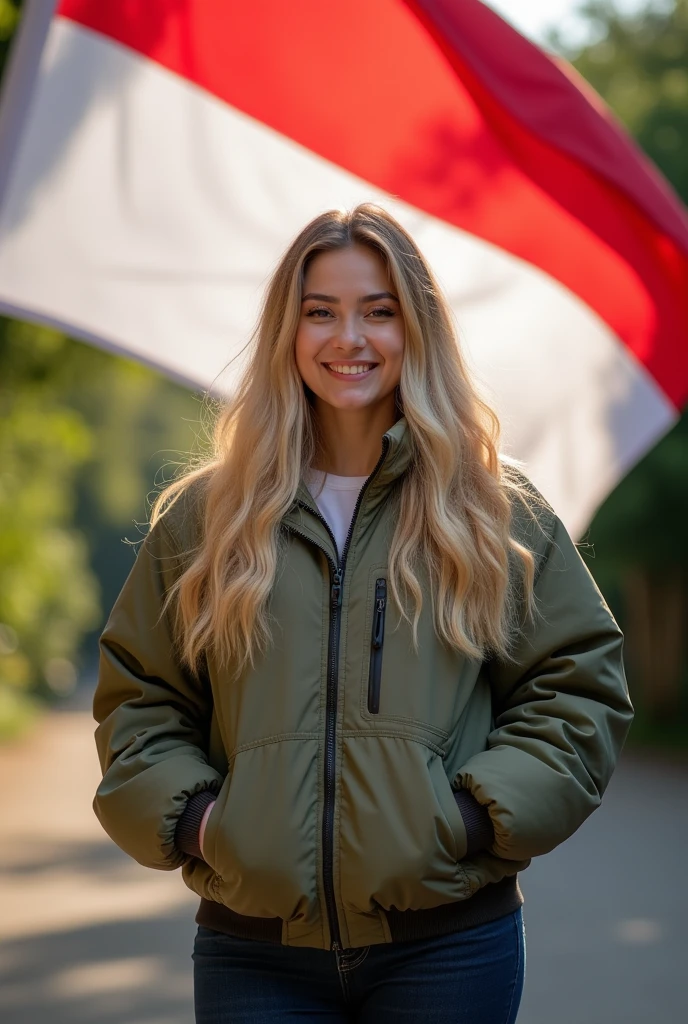 27 years old jewish woman, full weight body, long blonde hair, short neck, straight front pose, half body portrait, outdoor outfit jacket, in front of Indonesia flag
