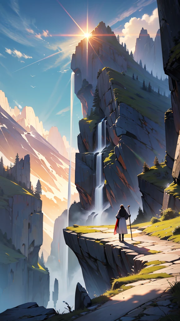 Create a cinematic-quality image with advanced levels of detail, depicting Moses standing alone at the top of a majestic mountain. The scene should be set at twilight, with the sky painted in deep purples and oranges as the sun sets in the distance. Moses, clad in traditional robes and holding his iconic staff, stands at the edge of a rocky cliff, overlooking a vast, barren landscape below. His figure is illuminated by the fading sunlight, casting long shadows across the rugged terrain.
The mountain itself is imposing, with jagged rocks and steep cliffs, symbolizing the solitude and gravity of Moses’ position. The wind gently tugs at his robes and beard, adding a sense of movement and isolation. The atmosphere is one of contemplation and reverence, with intricate details in the texture of the rocks, the folds of Moses' clothing, and the distant horizon. The overall mood should evoke a sense of solitude, reflection, and the weight of leadership, capturing the solemn moment of Moses on the mountaintop.
