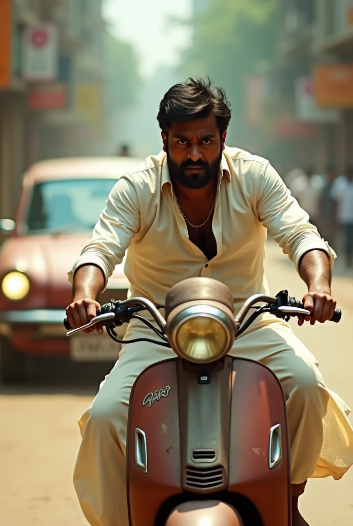 a dark-skinned Indian man, angry expression, wearing white kurta, riding rusty scooter, white powder on face, panning shot photography, fast movement, chased by car, (best quality,4k,8k,highres,masterpiece:1.2),ultra-detailed,(realistic,photorealistic,photo-realistic:1.37),HDR,UHD,studio lighting,physically-based rendering,extreme detail description,professional,vivid colors,bokeh,concept artists,dramatic lighting
